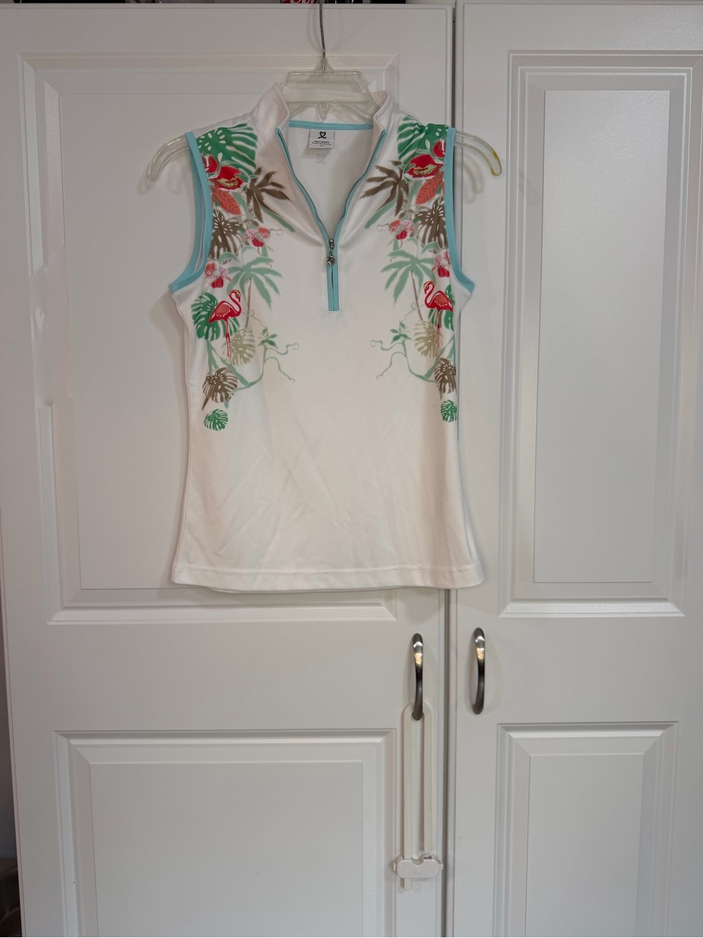Daily Sports White Tropical Print Sleeveless Zip Polo with Aqua Trim